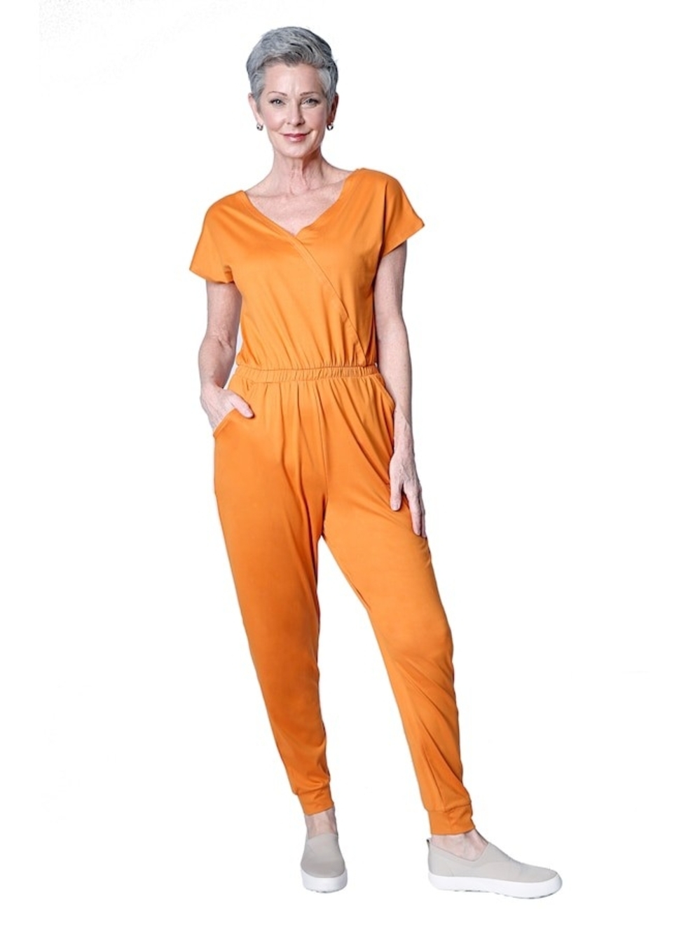Cuddl Duds Women's Orange Short-Sleeve Wrap Jumpsuit